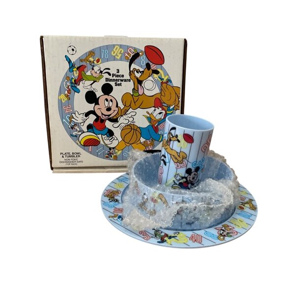 Vtg Betras Kids Mickey Mouse and Friends 3-Piece Dinnerware Set Sports 1993 New - Picture 1 of 11